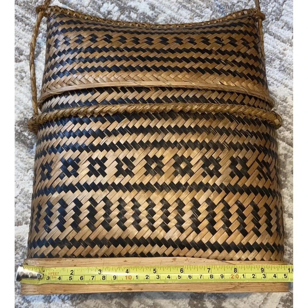 Vtg Philippine Tribal Double Weave Basket Lidded Shoulder Bag Tiruray Ifugao Art